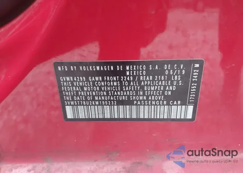 2019 Volkswagen Jetta Gli 2.0T 35Th Anniversary Edition/2.0T Autobahn/2.0T S z USA, uszkodzony, nr VIN 3VW5T7BU2KM195232